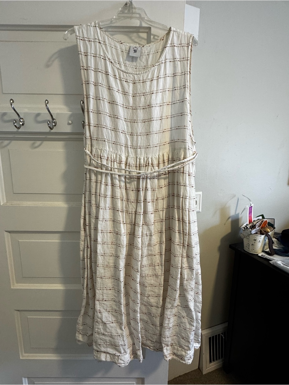 Son de Flor Cream Maxi Dress with Thin Pink Stripes and Waist Tie